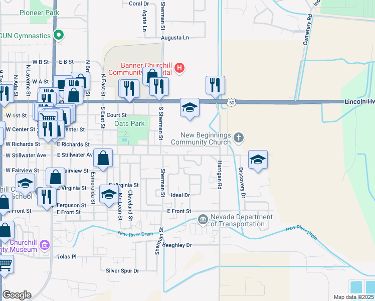 map of restaurants, bars, coffee shops, grocery stores, and more near 835 East Stillwater Avenue in Fallon