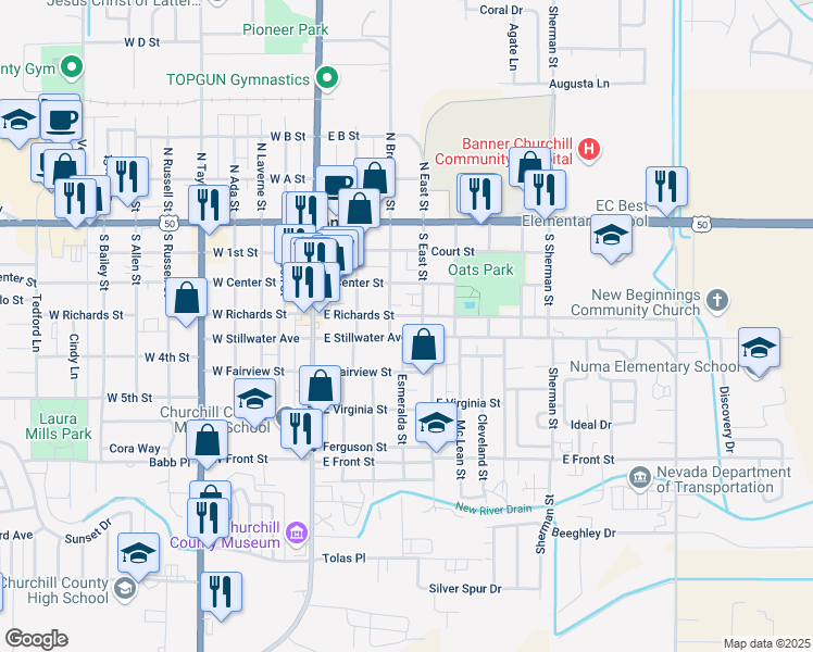 map of restaurants, bars, coffee shops, grocery stores, and more near 255 East Stillwater Avenue in Fallon