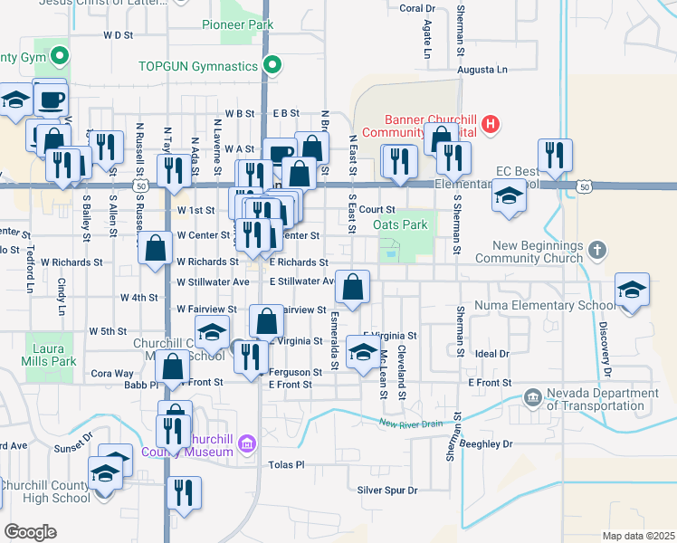 map of restaurants, bars, coffee shops, grocery stores, and more near 255 East Stillwater Avenue in Fallon
