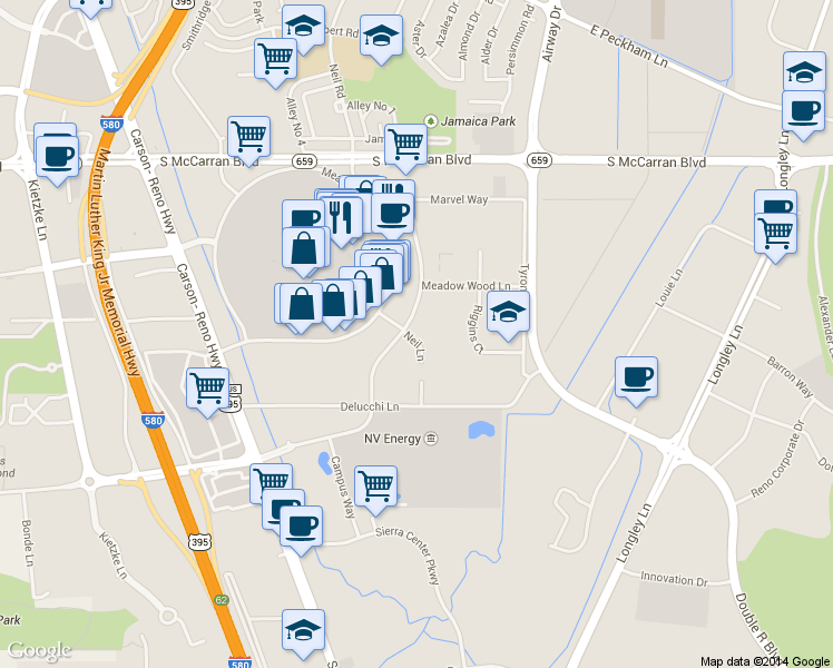 map of restaurants, bars, coffee shops, grocery stores, and more near 1543 Delucchi Lane in Reno
