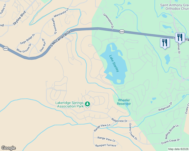 map of restaurants, bars, coffee shops, grocery stores, and more near 2790 West Lake Ridge Shores in Reno