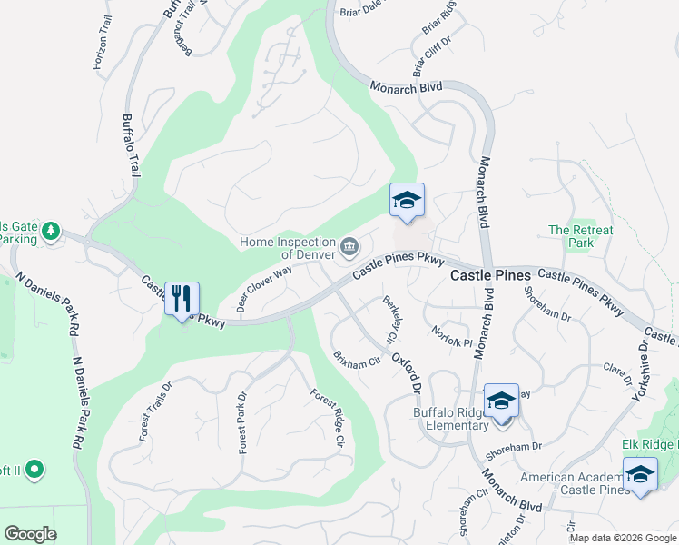 map of restaurants, bars, coffee shops, grocery stores, and more near 840 Deer Clover Circle in Castle Pines