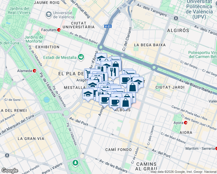 map of restaurants, bars, coffee shops, grocery stores, and more near 67 Avinguda del Cardenal Benlloch in València