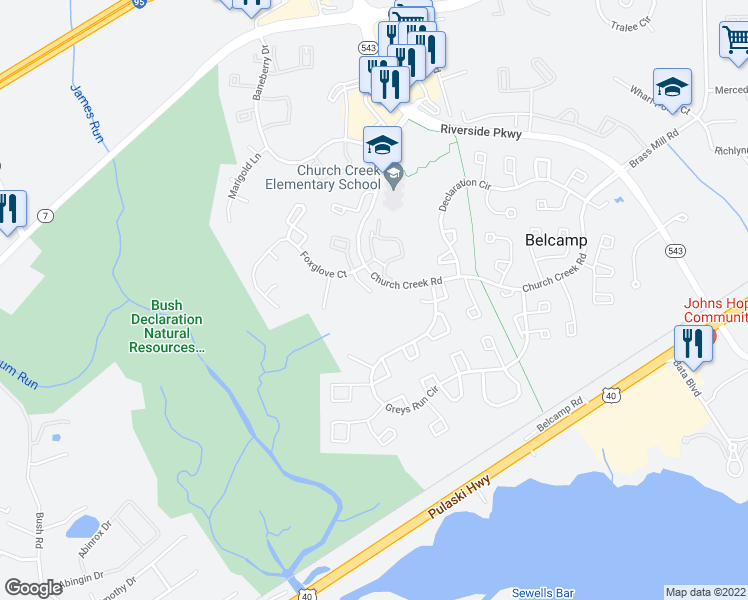 map of restaurants, bars, coffee shops, grocery stores, and more near 1211 Oreganum Court in Belcamp