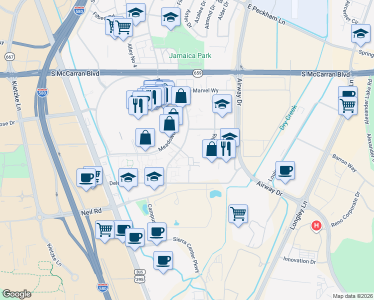 map of restaurants, bars, coffee shops, grocery stores, and more near 1510 Meadow Wood Lane in Reno