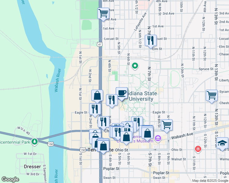 map of restaurants, bars, coffee shops, grocery stores, and more near 401 North 4th Street in Terre Haute