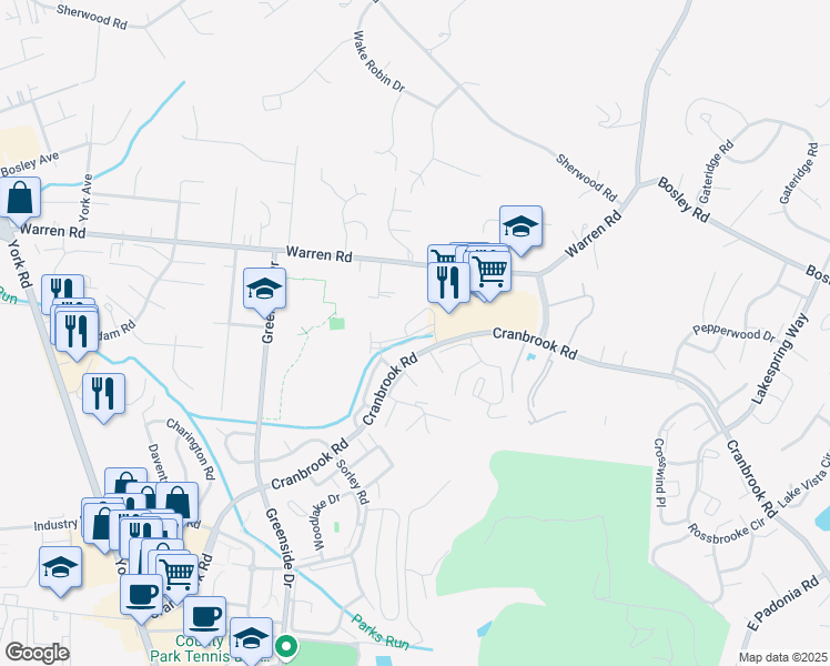 map of restaurants, bars, coffee shops, grocery stores, and more near 12 Beehive Place in Cockeysville