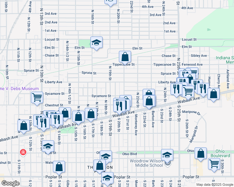 map of restaurants, bars, coffee shops, grocery stores, and more near 307 Kent Avenue in Terre Haute