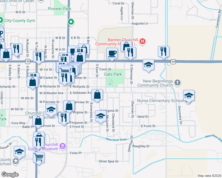 map of restaurants, bars, coffee shops, grocery stores, and more near 388 East Center Street in Fallon