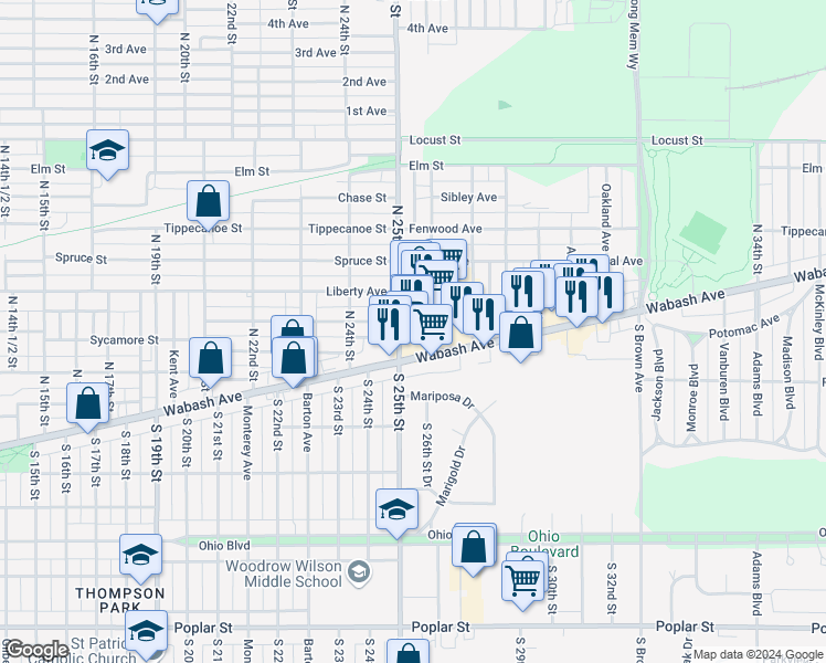 map of restaurants, bars, coffee shops, grocery stores, and more near 2520 Wabash Avenue in Terre Haute