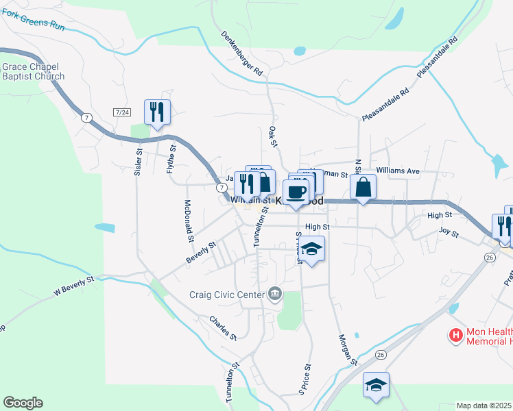 map of restaurants, bars, coffee shops, grocery stores, and more near 205 West Main Street in Kingwood