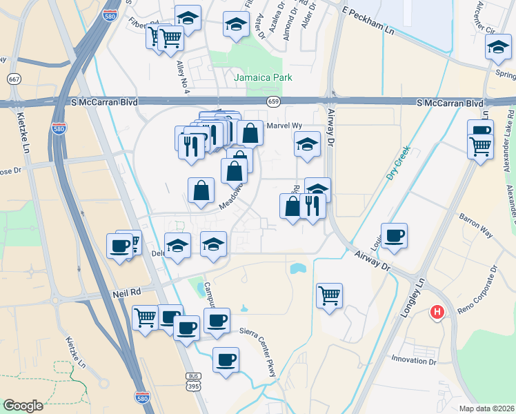 map of restaurants, bars, coffee shops, grocery stores, and more near 1510 Meadow Wood Lane in Reno