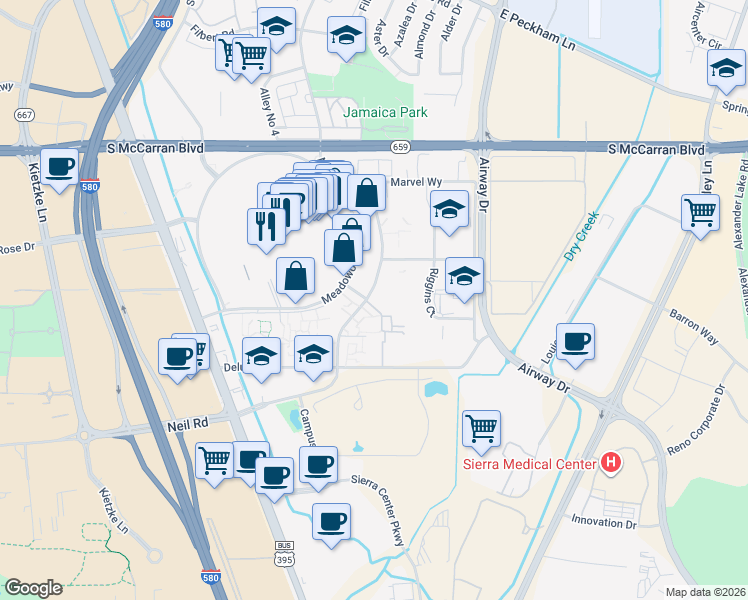 map of restaurants, bars, coffee shops, grocery stores, and more near 5525 Meadowood Mall Circle in Reno
