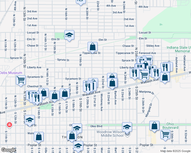 map of restaurants, bars, coffee shops, grocery stores, and more near 2124 Cleveland Avenue in Terre Haute
