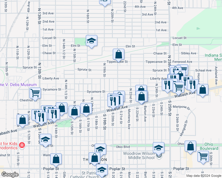 map of restaurants, bars, coffee shops, grocery stores, and more near 334 North 21st Street in Terre Haute