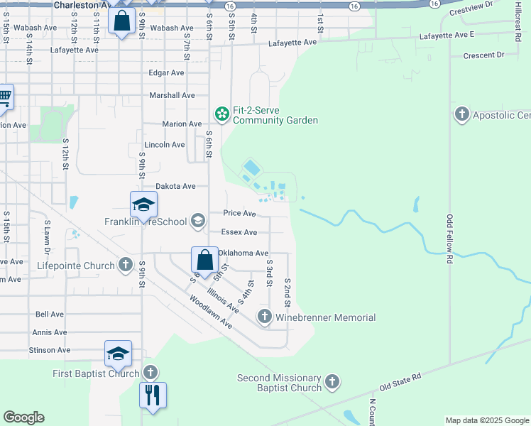 map of restaurants, bars, coffee shops, grocery stores, and more near 300-398 Price Avenue in Mattoon