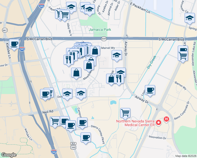 map of restaurants, bars, coffee shops, grocery stores, and more near 1551 Delucchi Lane in Reno