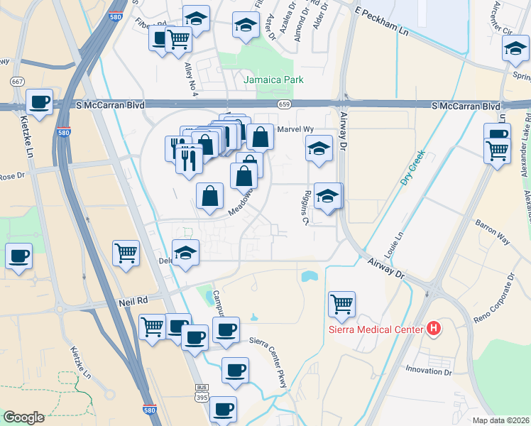 map of restaurants, bars, coffee shops, grocery stores, and more near 5525 Meadowood Mall Circle in Reno