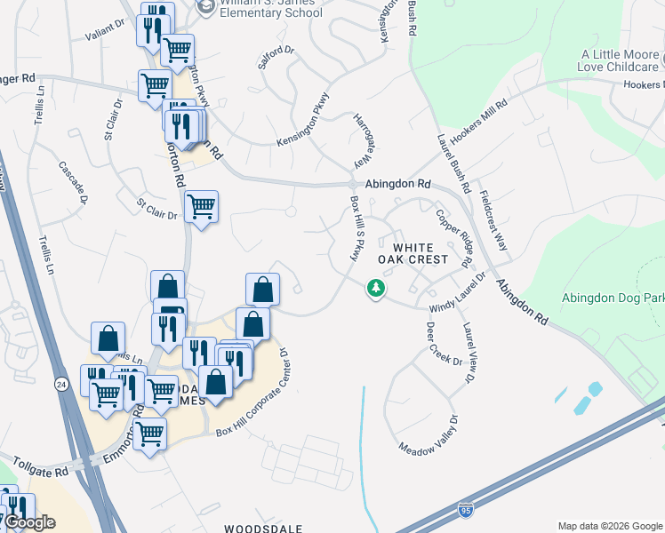 map of restaurants, bars, coffee shops, grocery stores, and more near 300 Forsythia Dr in Bel Air South