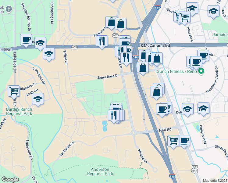 map of restaurants, bars, coffee shops, grocery stores, and more near 555 Hammill Lane in Reno