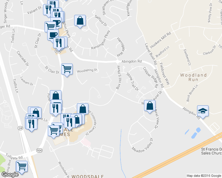map of restaurants, bars, coffee shops, grocery stores, and more near 300 Forsythia Dr in Bel Air South
