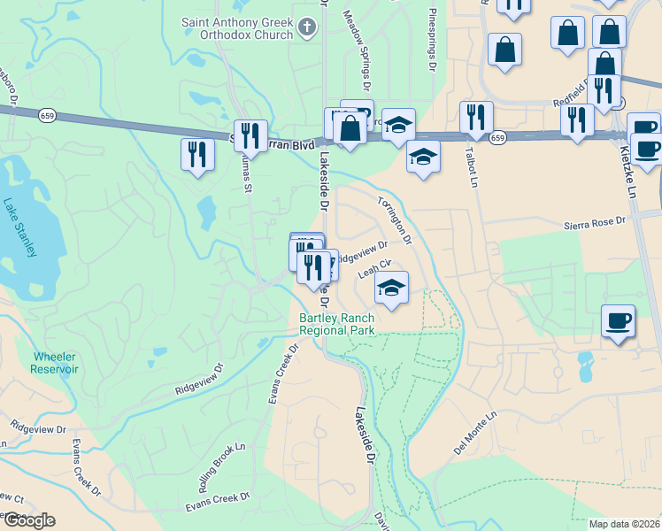 map of restaurants, bars, coffee shops, grocery stores, and more near 6121 Lakeside Drive in Reno