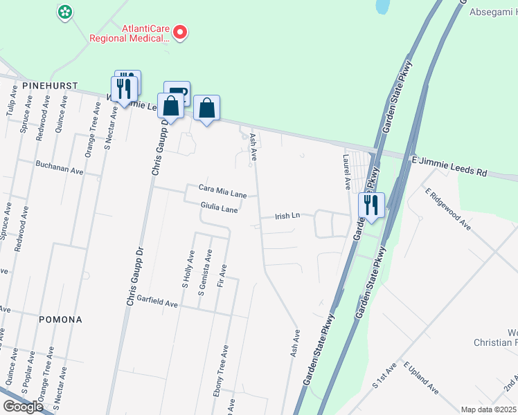map of restaurants, bars, coffee shops, grocery stores, and more near 119 Cara Mia Lane in Galloway