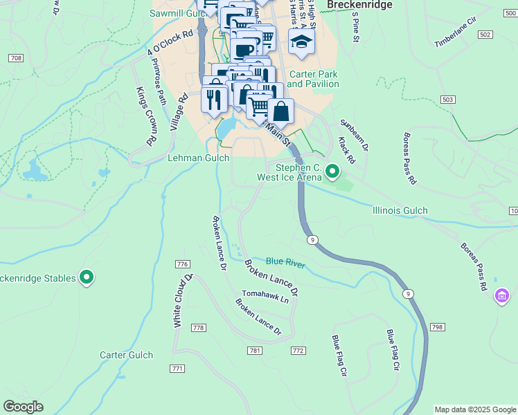 map of restaurants, bars, coffee shops, grocery stores, and more near 113 Village Point Drive in Breckenridge