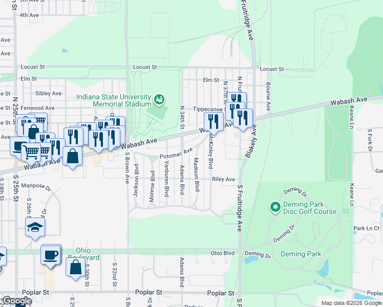 map of restaurants, bars, coffee shops, grocery stores, and more near 2-98 Adams Blvd in Terre Haute