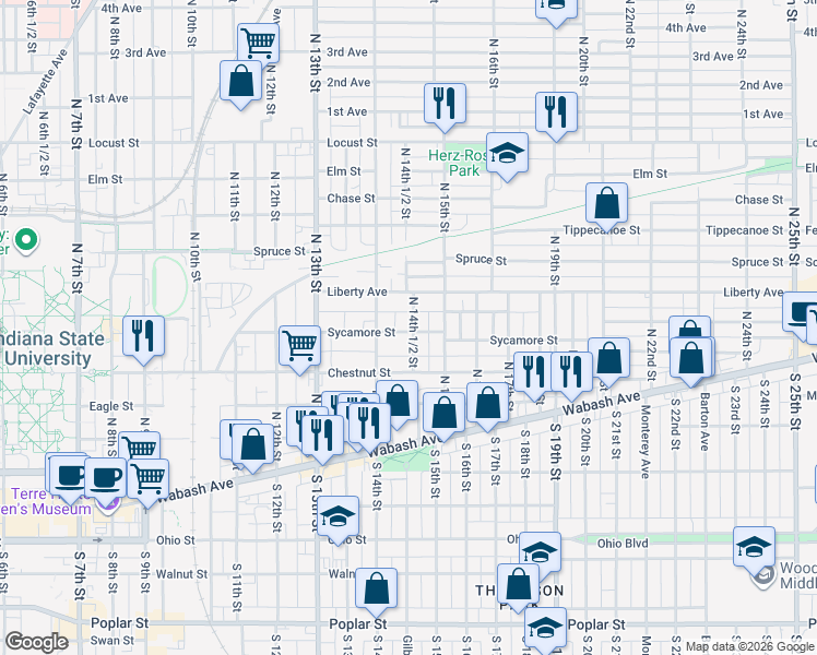map of restaurants, bars, coffee shops, grocery stores, and more near 1427 Liberty Avenue in Terre Haute