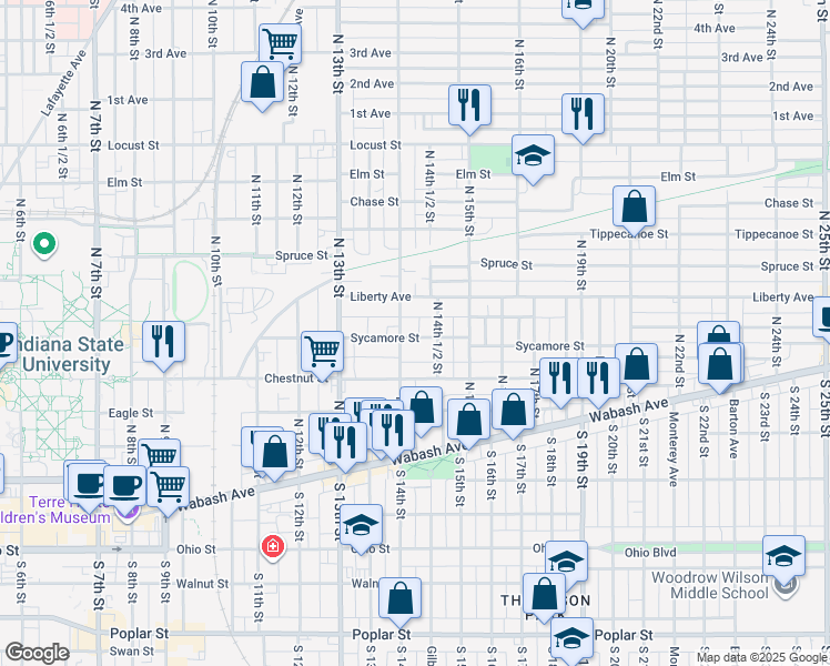 map of restaurants, bars, coffee shops, grocery stores, and more near 1427 Liberty Avenue in Terre Haute