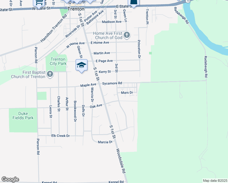 map of restaurants, bars, coffee shops, grocery stores, and more near 305 Sycamore Road in Trenton