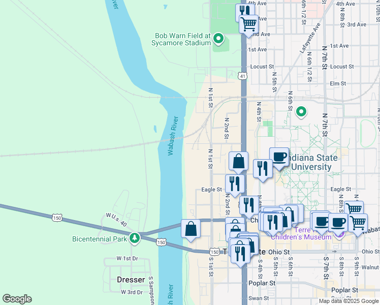 map of restaurants, bars, coffee shops, grocery stores, and more near 1 Sycamore Street in Terre Haute