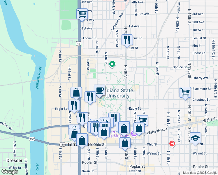 map of restaurants, bars, coffee shops, grocery stores, and more near in Terre Haute