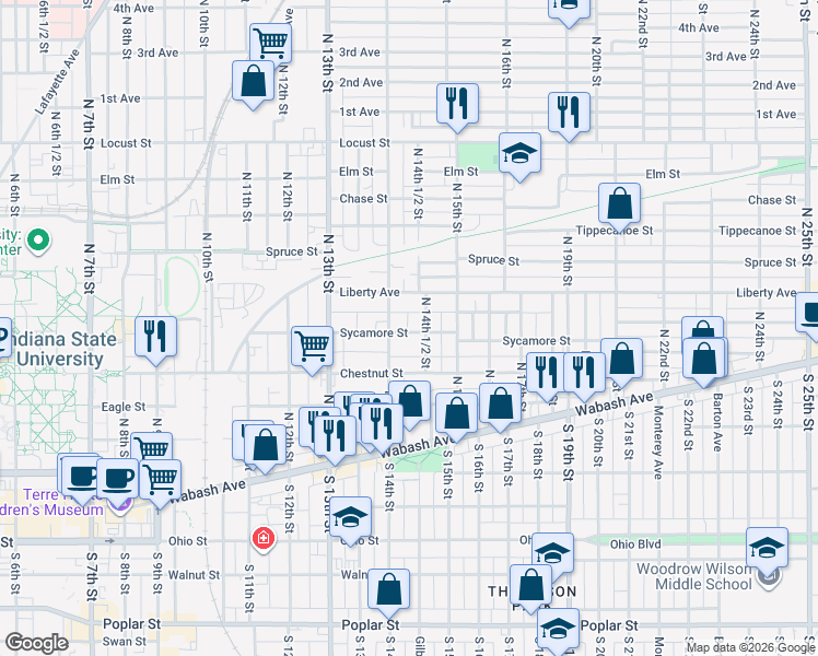 map of restaurants, bars, coffee shops, grocery stores, and more near 1427 Liberty Avenue in Terre Haute