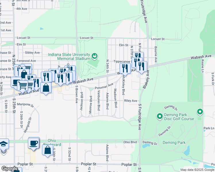 map of restaurants, bars, coffee shops, grocery stores, and more near 98 Adams Blvd in Terre Haute