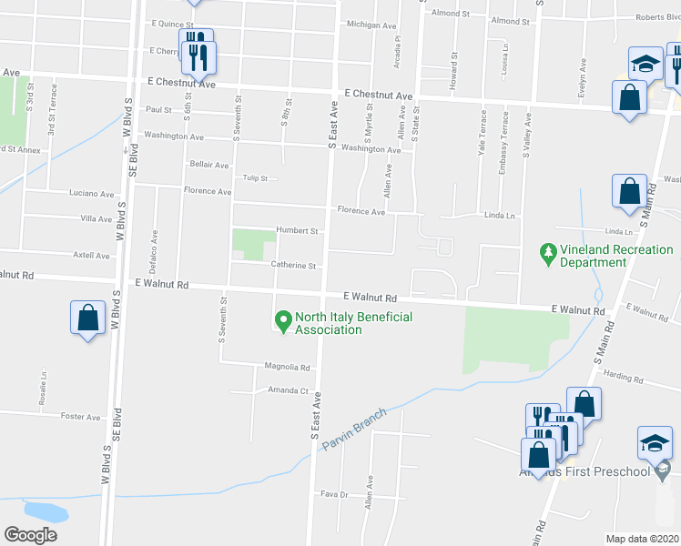 map of restaurants, bars, coffee shops, grocery stores, and more near 793 South East Boulevard in Vineland