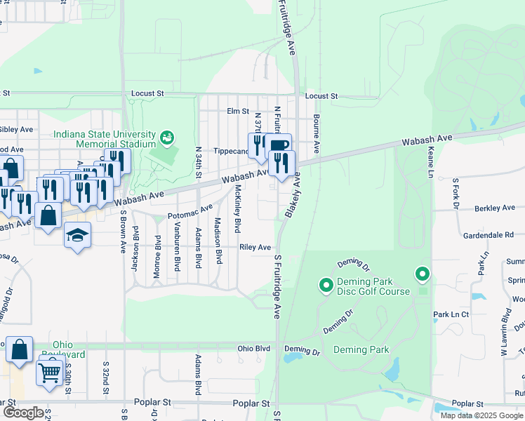 map of restaurants, bars, coffee shops, grocery stores, and more near 130 Aikman Place in Terre Haute