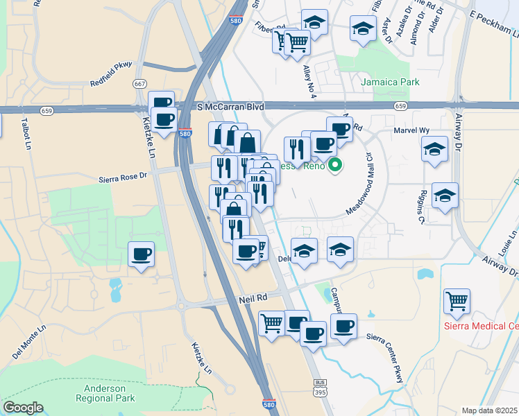 map of restaurants, bars, coffee shops, grocery stores, and more near 5865 South Virginia Street in Reno