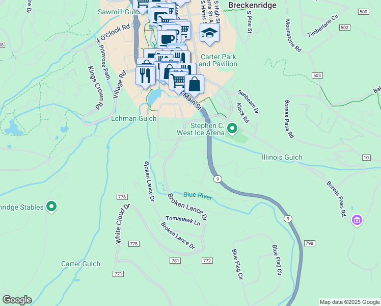 map of restaurants, bars, coffee shops, grocery stores, and more near 290 Broken in Breckenridge