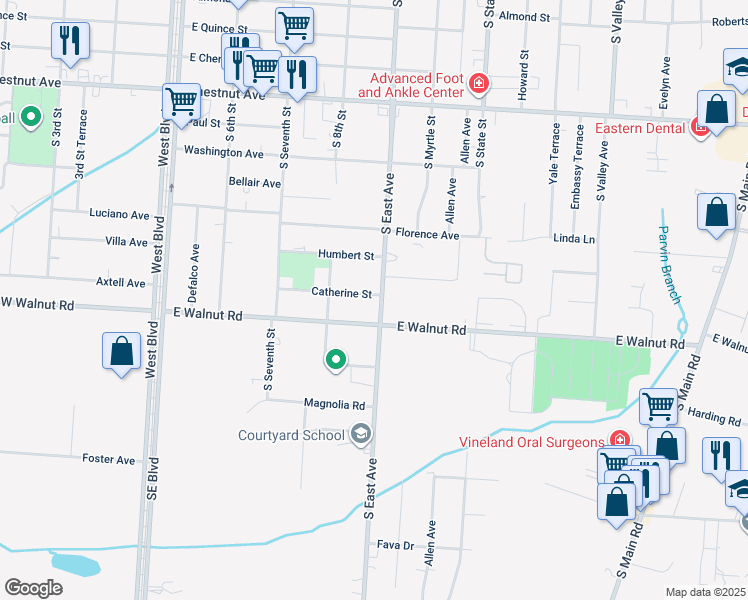 map of restaurants, bars, coffee shops, grocery stores, and more near 790 South East Avenue in Vineland