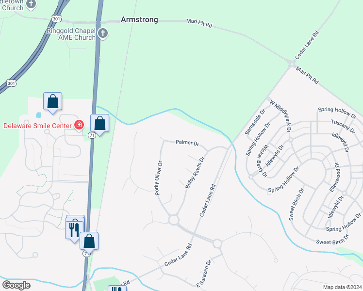 map of restaurants, bars, coffee shops, grocery stores, and more near 15 Palmer Drive in Middletown