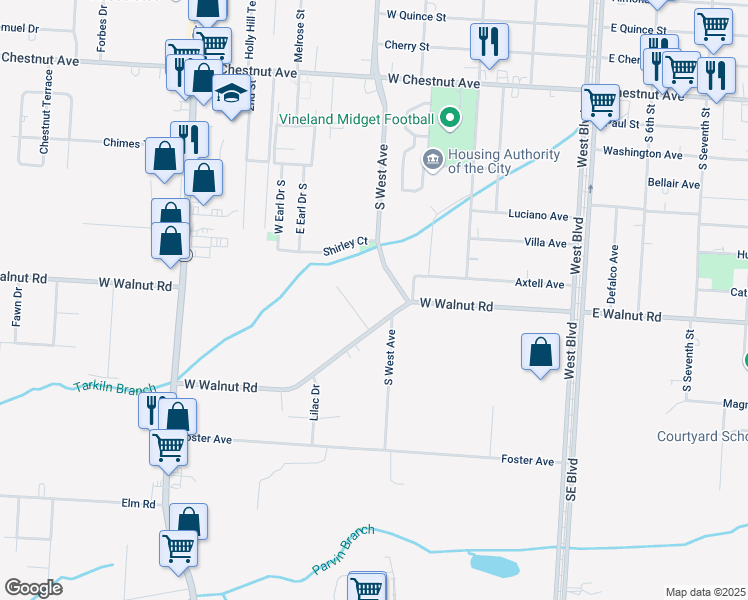 map of restaurants, bars, coffee shops, grocery stores, and more near 430 West Walnut Road in Vineland