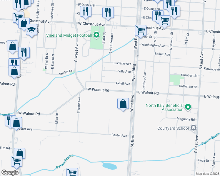 map of restaurants, bars, coffee shops, grocery stores, and more near 151 Axtell Avenue in Vineland