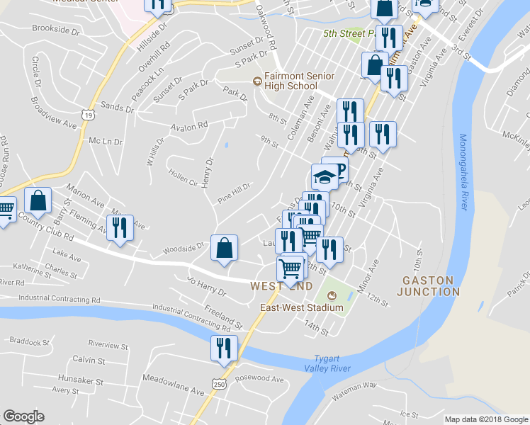 map of restaurants, bars, coffee shops, grocery stores, and more near 940 Boyd Park Road in Fairmont