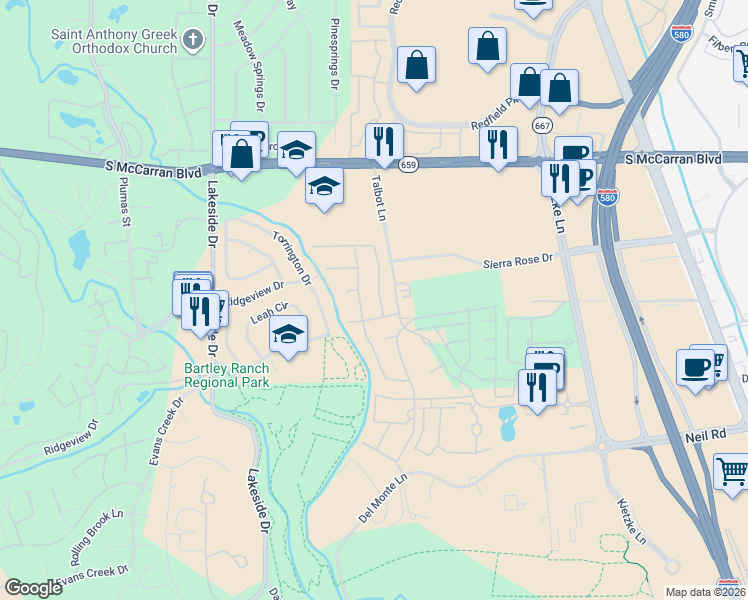 map of restaurants, bars, coffee shops, grocery stores, and more near 6001 Talbot Lane in Reno