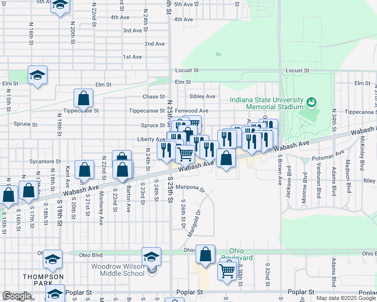 map of restaurants, bars, coffee shops, grocery stores, and more near 2650 Wabash Avenue in Terre Haute