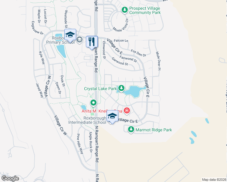 map of restaurants, bars, coffee shops, grocery stores, and more near 7586 Bison Court in Littleton