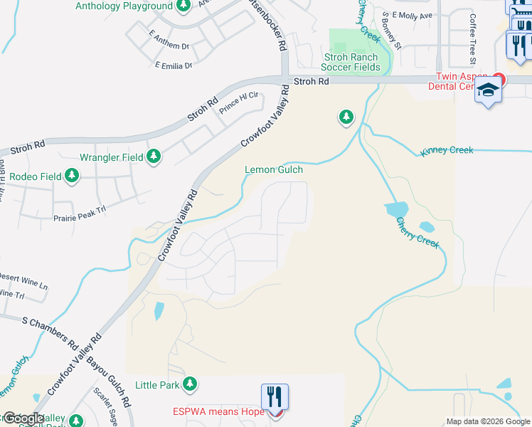 map of restaurants, bars, coffee shops, grocery stores, and more near 13466 Broad Wing Avenue in Parker