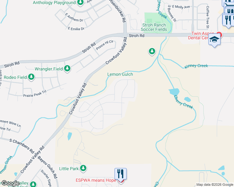 map of restaurants, bars, coffee shops, grocery stores, and more near 13466 Broad Wing Avenue in Parker